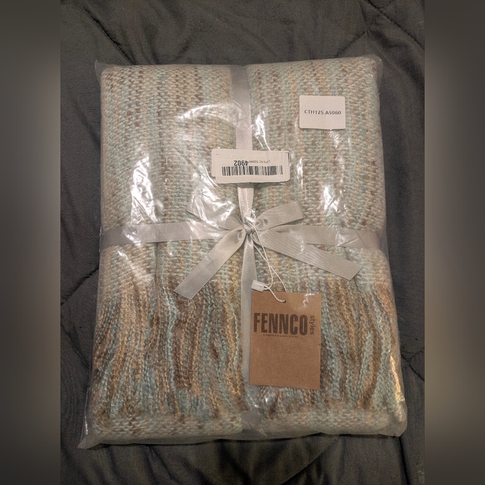 Cream and Tan Knitted Throw Blanket